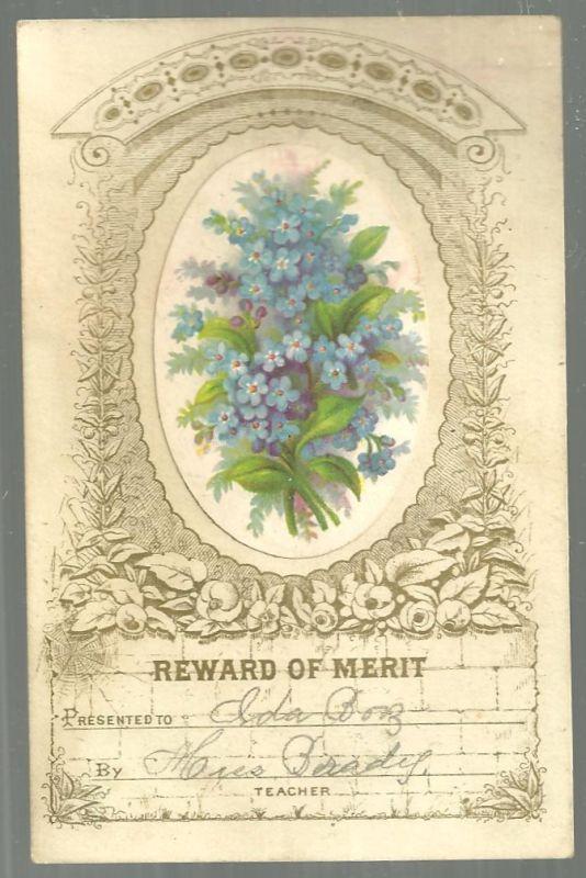 Victorian Reward of Merit with Bouquet of Blue Flowers