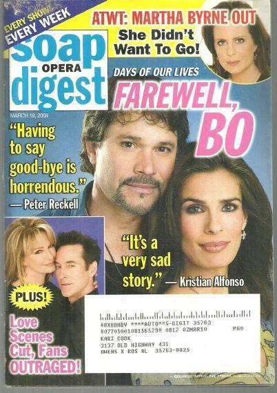 Soap Opera Digest March 18, 2008 Farewell Bo from Days of Our Lives on Cover