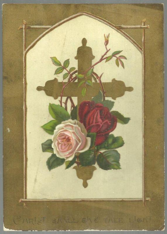 Victorian Easter Card with Gold Cross with Roses and Easter Poem