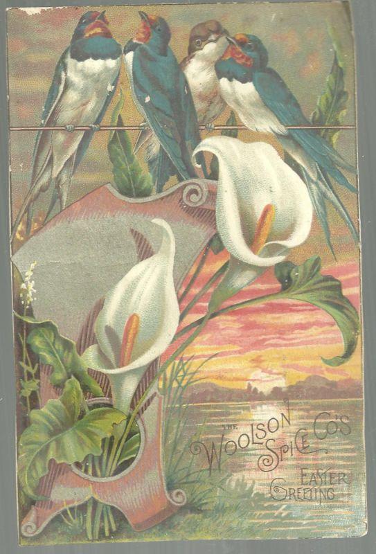 Victorian Trade Card For Lion Coffee Easter Greeting with Birds and Lilies