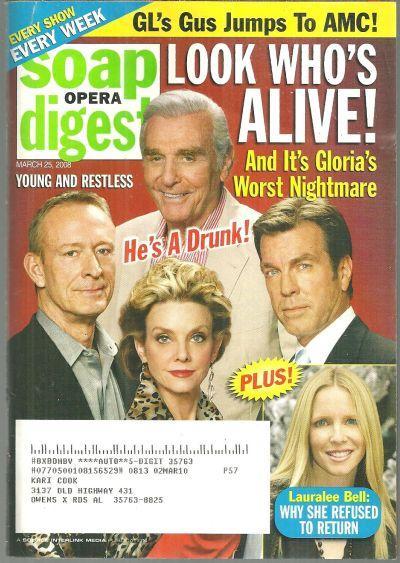 Soap Opera Digest March 25, 2008 Look Who's Alive on Young and Restless on Cover