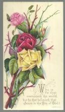 Victorian Prayer Card with Roses Who is he that overcometh the world 1 John 5: 5