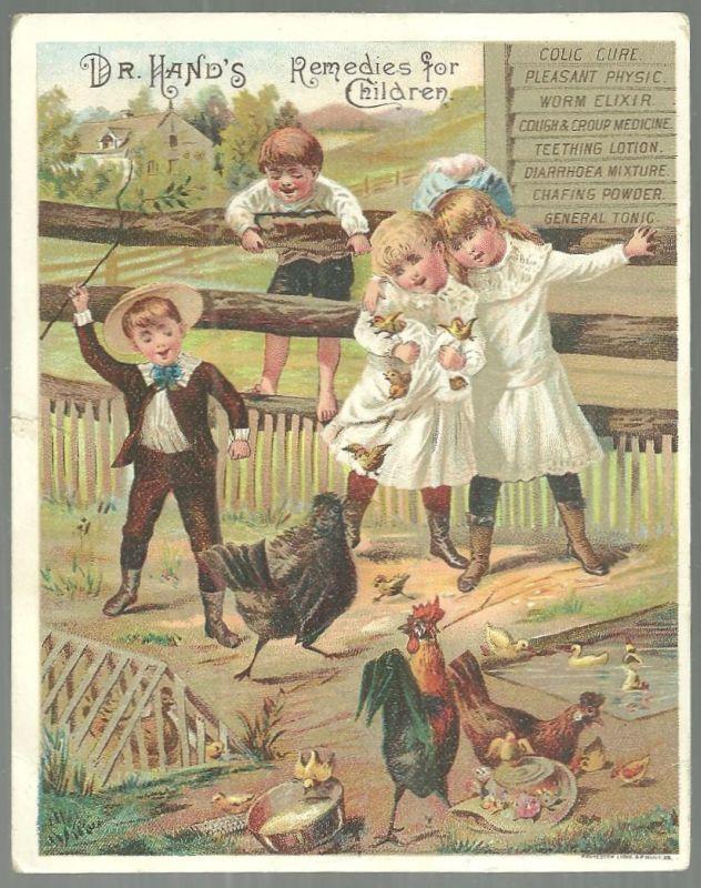 Victorian Trade Card for Dr. Hand's Remedies for Children w/Children w/Chickens