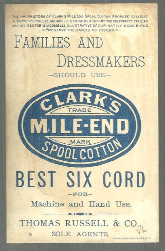 Victorian Trade Card for Clark's Mile End Spool Cotton with the Lark