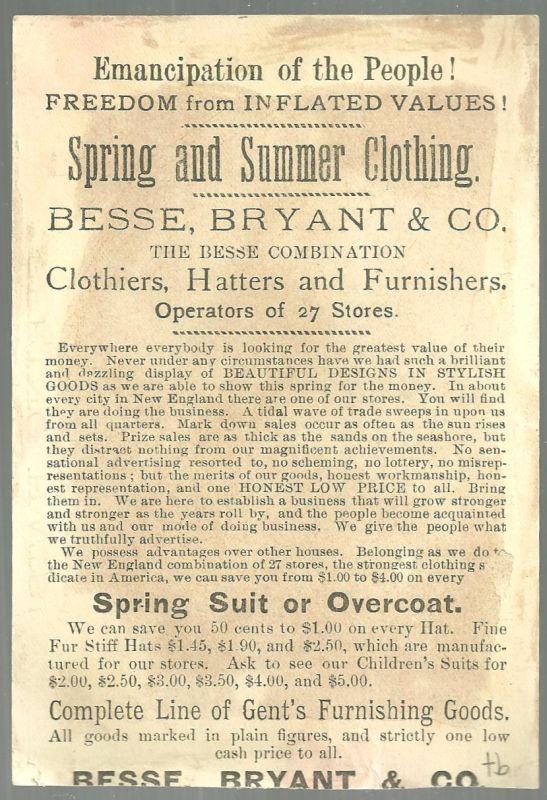 Victorian Trade Card for Besse, Bryant & Co. Spring and Summer Clothing Bluejay