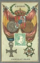 Victorian Trade Card for Chocolat Ibled with Stamp, Crest and Flag for Espagne