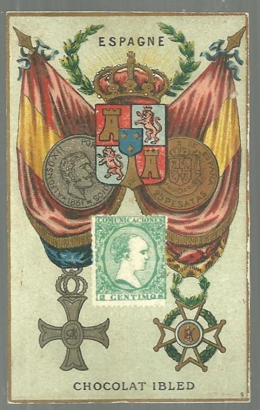 Victorian Trade Card for Chocolat Ibled with Stamp, Crest and Flag for Espagne