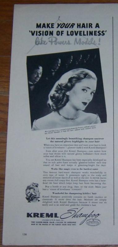 1947 Kreml Shampoo Life Magazine Advertisement with Miss Carolyn Cross Model