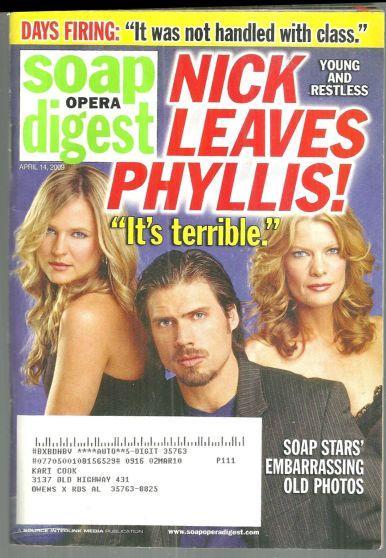 Soap Opera Digest Magazine April 14, 2009 Nick Leaves Phyllis on the Cover