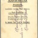 Victorian Trade Card for Ludwig Pianos with Courtly Gentleman Bowing on Front