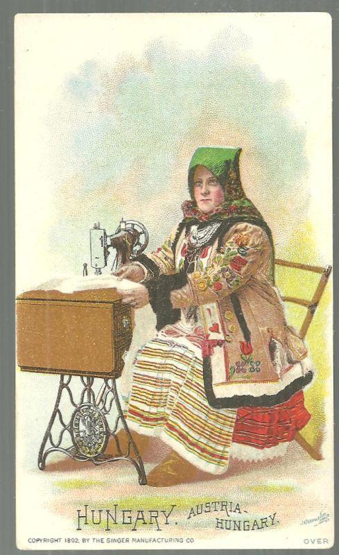 Victorian Trade Card for Singer Sewing Machine with Hungarian Woman Sewing
