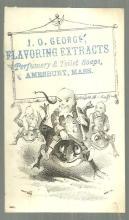 Victorian Trade Card for J. O. George Flavoring Extracts with Elves Riding Frogs