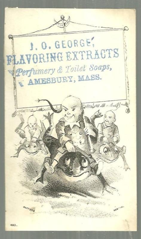 Victorian Trade Card for J. O. George Flavoring Extracts with Elves Riding Frogs