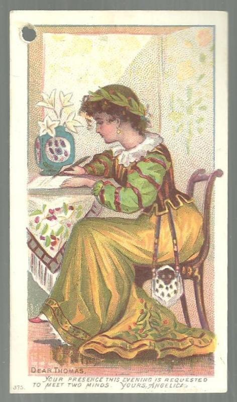 Victorian Trade Card for Edward Ridley with Lovely Lady Writing a Letter