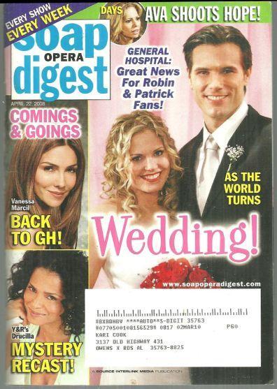 Soap Opera Digest Magazine April 22, 2008 As the World Turns Wedding on Cover