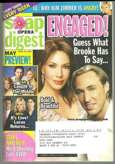 Soap Opera Digest Magazine April 29, 2008 Bold and Beautiful Engaged on Cover