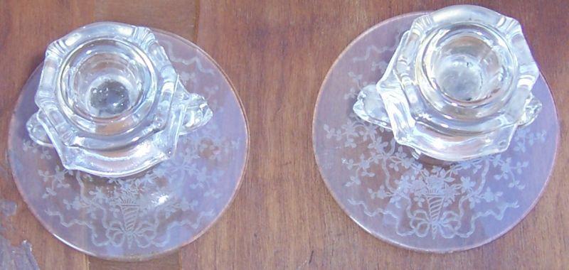 Vintage Pair of Fostoria Corsage Etched Candlesticks