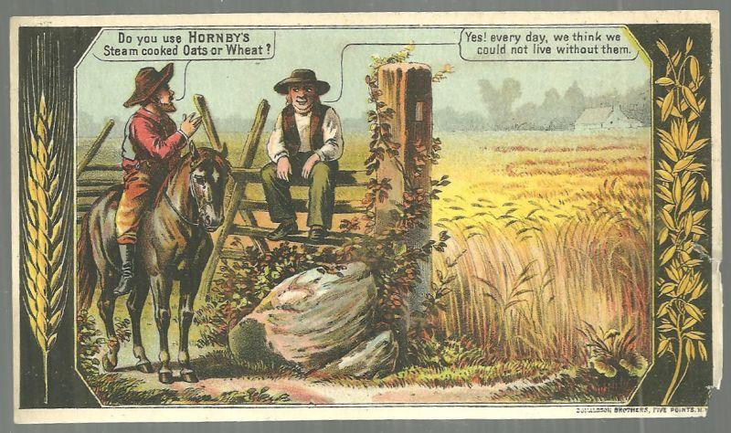 Victorian Trade Card For Hornby's Steamed Cooked Oats with Two Farmers in Field