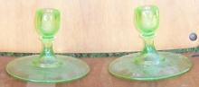 Vintage Pair of Cameo/Ballerina Etched Green Glass Candlesticks