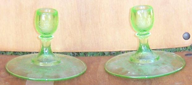 Vintage Pair of Cameo/Ballerina Etched Green Glass Candlesticks