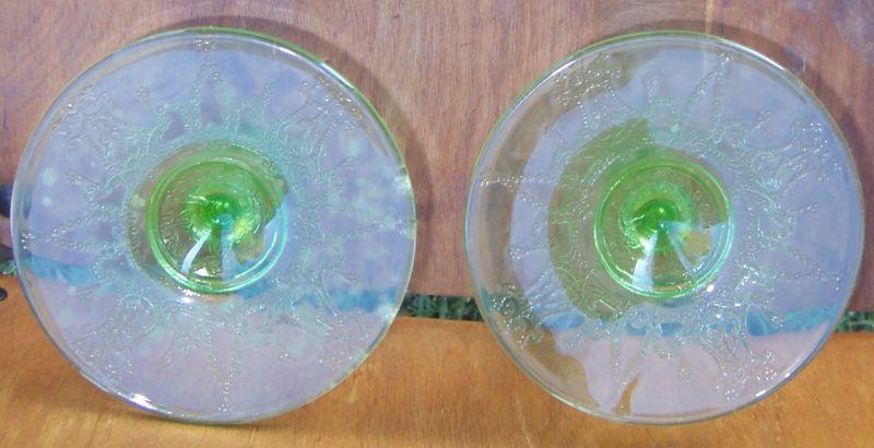 Vintage Pair of Cameo/Ballerina Etched Green Glass Candlesticks