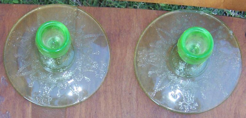 Vintage Pair of Cameo/Ballerina Etched Green Glass Candlesticks