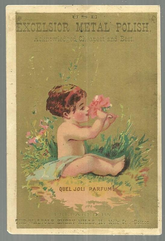 Victorian Trade Card for Excelsior Metal Polish with Baby Sniffing Flower