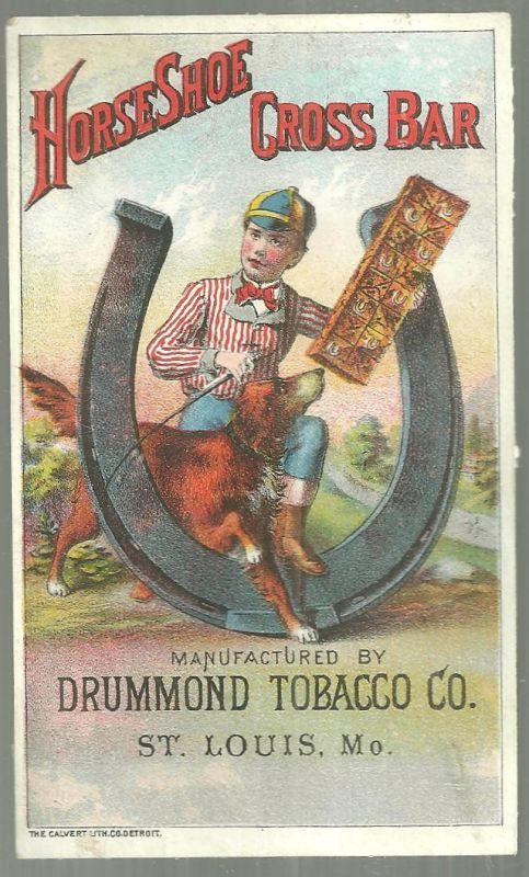 Victorian Trade Card for Horseshoe Cross Bar Drummond Tobacco Boy and His Dog