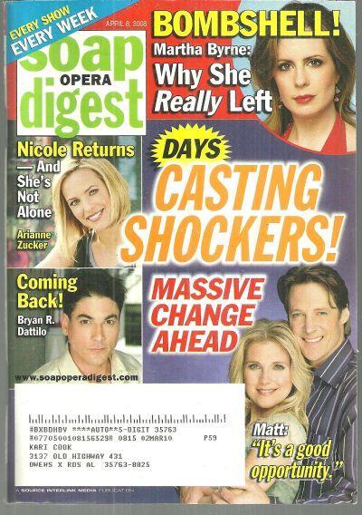 Soap Opera Digest Magazine April 8, 2008 Days Casting Shockers on the Cover