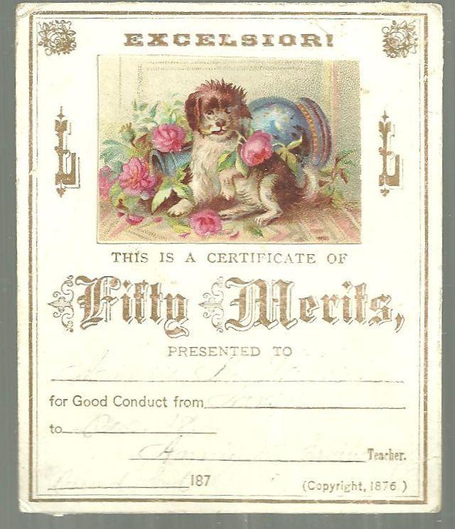 Victorian Reward of Merit. Excelsiori Certificate of Fifty Merits with Dog