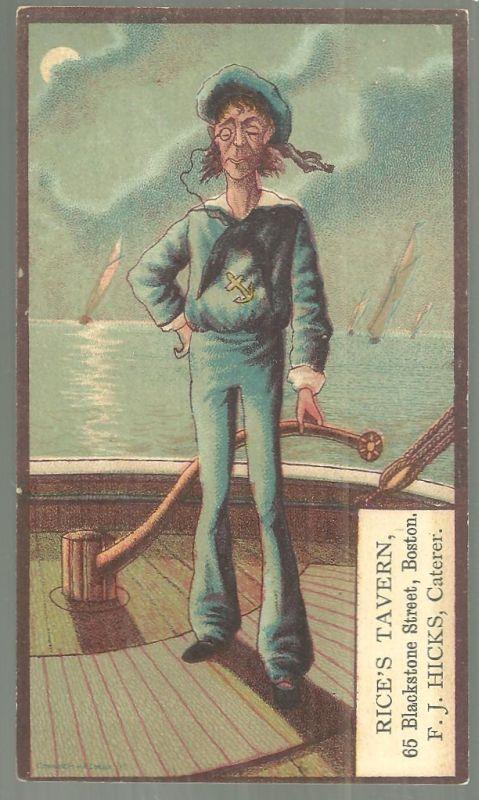 Victorian Trade Card for Rice's Tavern, Boston With Sailor and Ship