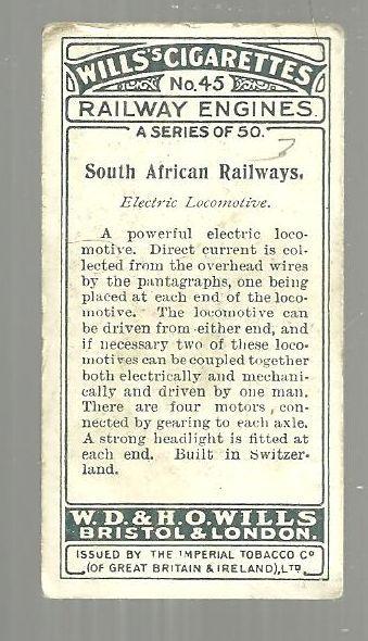 Vintage Wills' Cigarette Card for South African Railway. #45 of a Series of 50