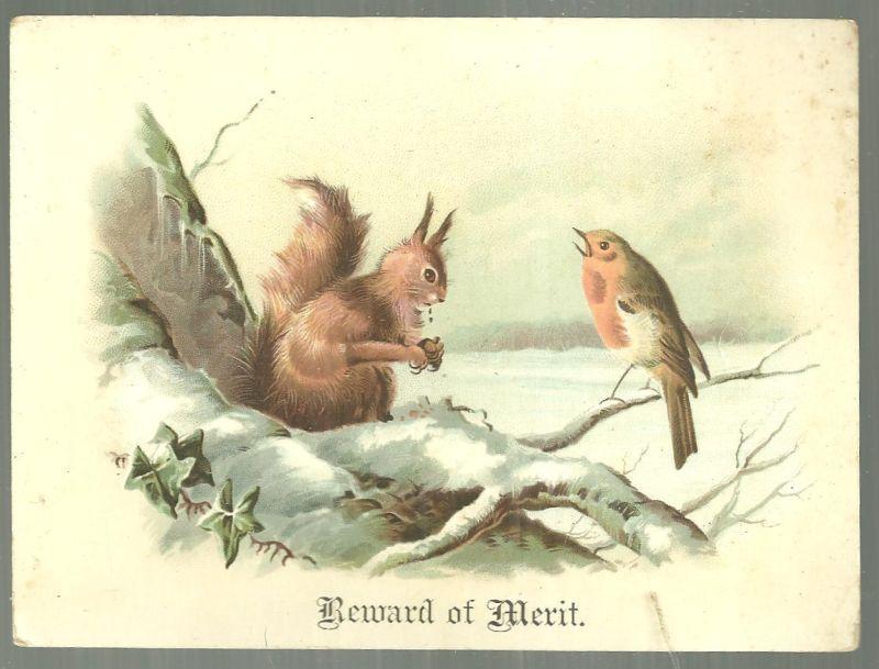 Victorian Reward of Merit with Squirrel and Bird with Winter Landscape