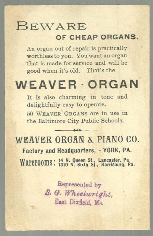 Victorian Trade Card for Weaver Organ and Piano Co with Children and Rabbit