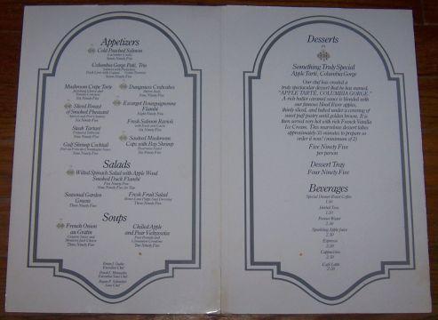 Vintage Menu for Columbia River Court, Columbia River Gorge, Hood River, Oregon