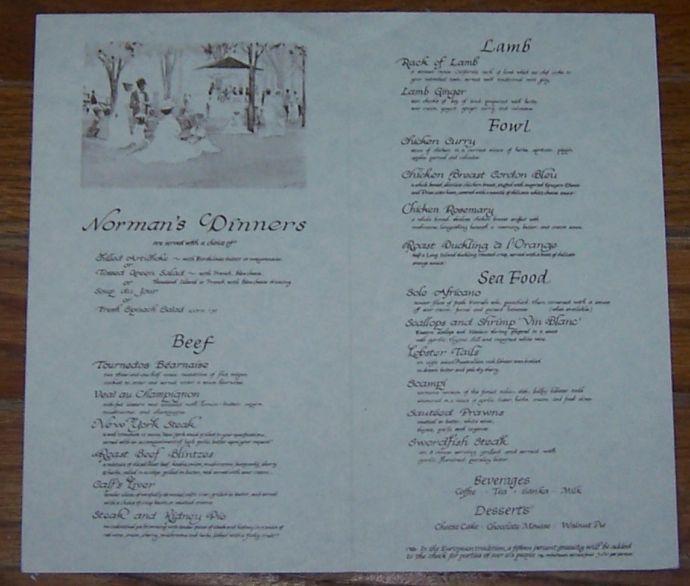Vintage Menu for Norman's, College and Alcatraz, Berkeley, California
