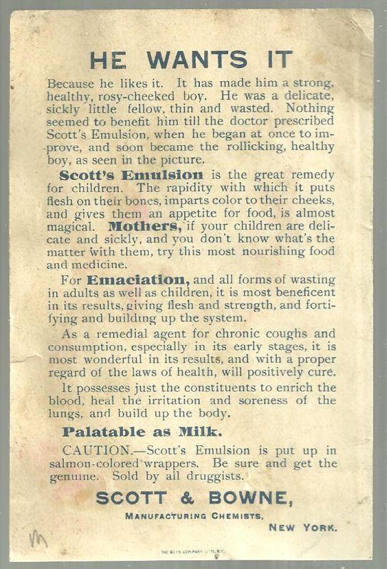 Victorian Trade Card for Scott's Emulsion With Baby He Wants It