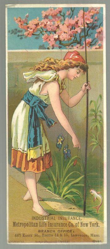 Victorian Bookmark Trade Card for The Metropolitan Life Insurance w/Lady Fishing