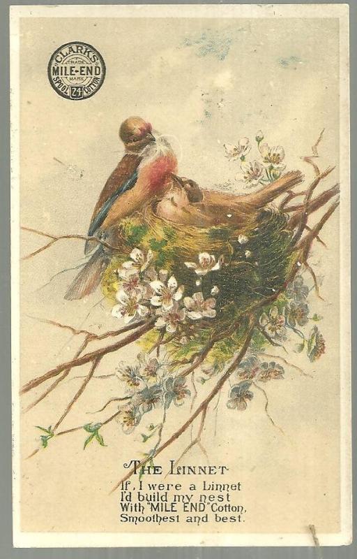 Victorian Trade Card for Clark's Mile End Spool Cotton with The Linnet Poem