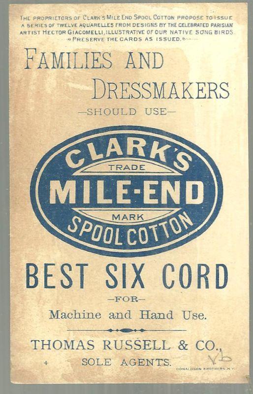 Victorian Trade Card for Clark's Mile End Spool Cotton with The Linnet Poem
