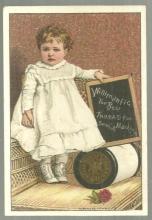 Victorian Trade Card for Willimantic Thread with Baby Holding Chalk Board w/Poem