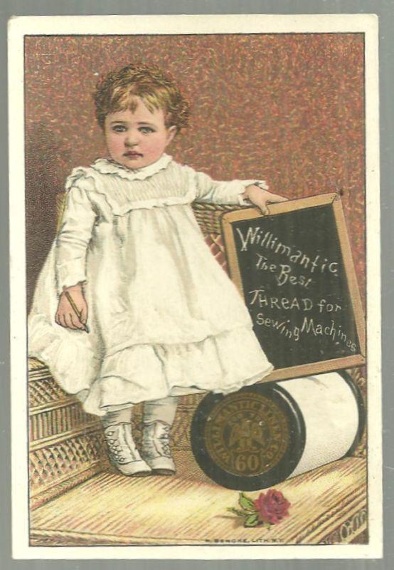 Victorian Trade Card for Willimantic Thread with Baby Holding Chalk Board w/Poem