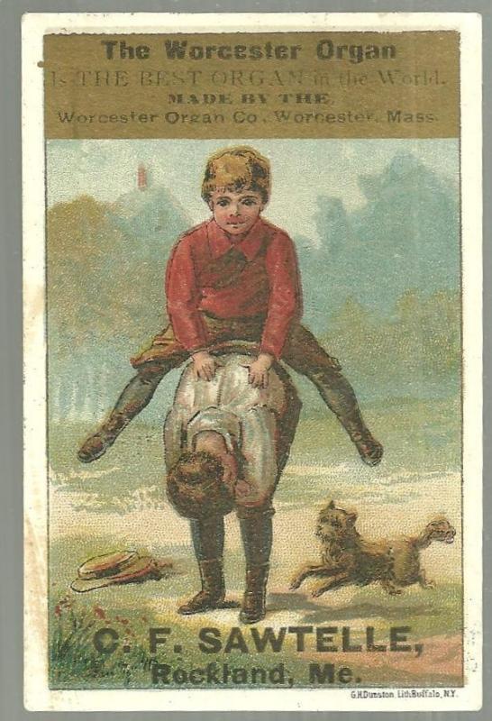 Victorian Trade Card for Worcester Organ With Boys Playing Leap Frog