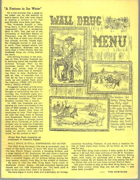 Vintage Menu for Wall Drug, Wall, South Dakota 1972 With History and Map