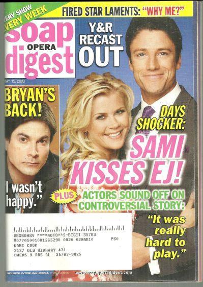 Soap Opera Digest Magazine May 13, 2008 Days Shocker, Sami Kisses EJ on Cover