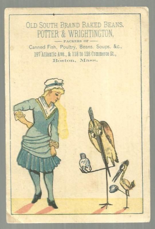 Victorian Trade Card for Old South Brand Baked Beans with Lady and Storks