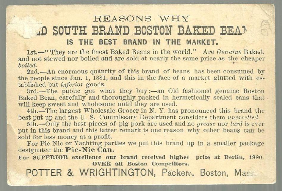 Victorian Trade Card for Old South Brand Baked Beans with Lady and Storks