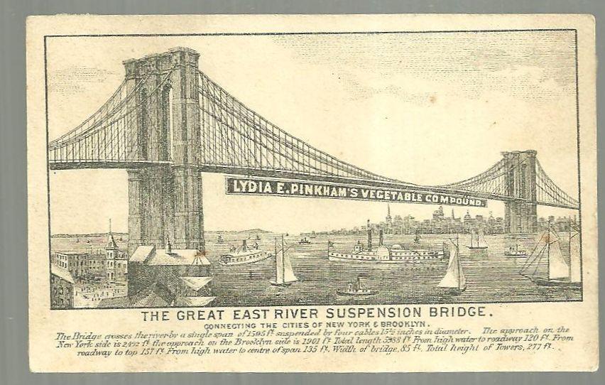 Victorian Trade Card for Lydia Pinkham Compound with East River Bridge