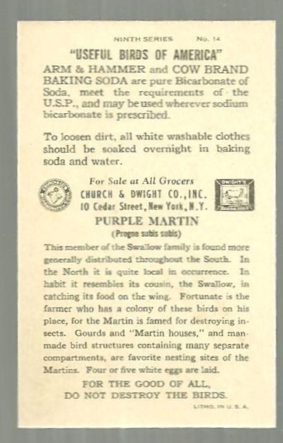 Victorian Trade Card for Church and Dwight Baking Soda with Purple Martin Bird