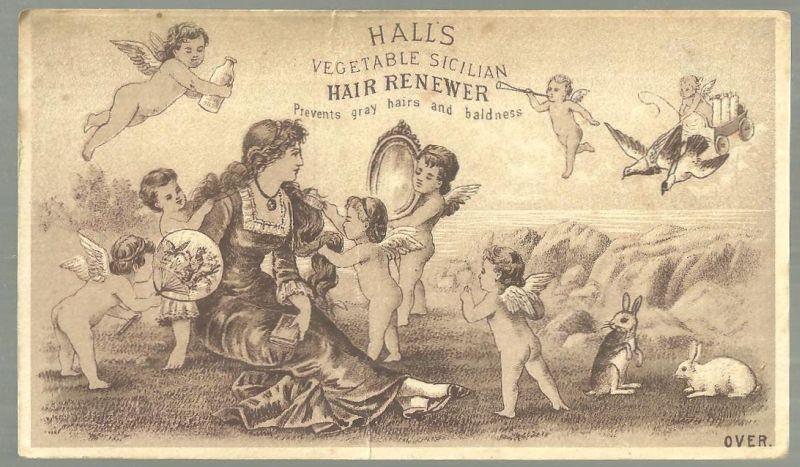 Victorian Trade Card for Hall's Vegetable Sicilian Hair Renewer with Lovely Lady